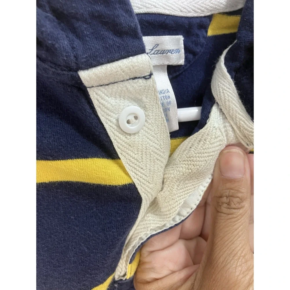 Ralph Lauren Baby Romper One-Piece Hooded Rugby Navy Yellow Stripe Size 6 Months